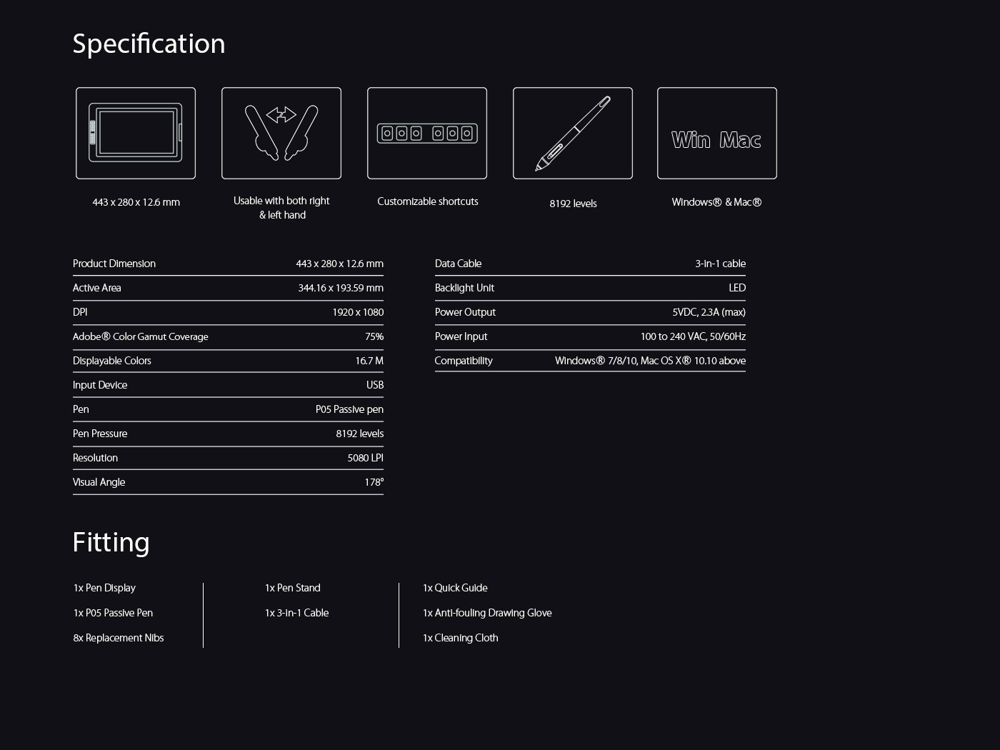  Specification and Package of Screen Art Tablet Artist 15.6 