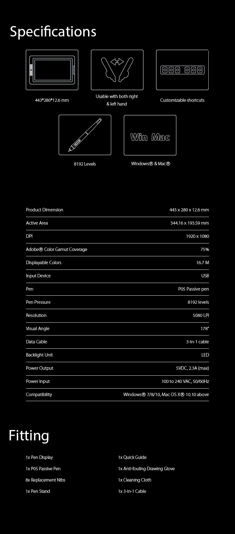  Specification and Package of Screen Art Tablet Artist 15.6 